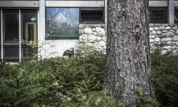 Un dipinto di Gino Blanc, installato all'esterno di un Padiglione, nella giungla di Borca - Foto Giacomo De Donà