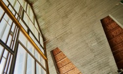 Aula Magna alla Colonia, dettaglio: cementi e legni e il serramento Gellner De Stijl.
